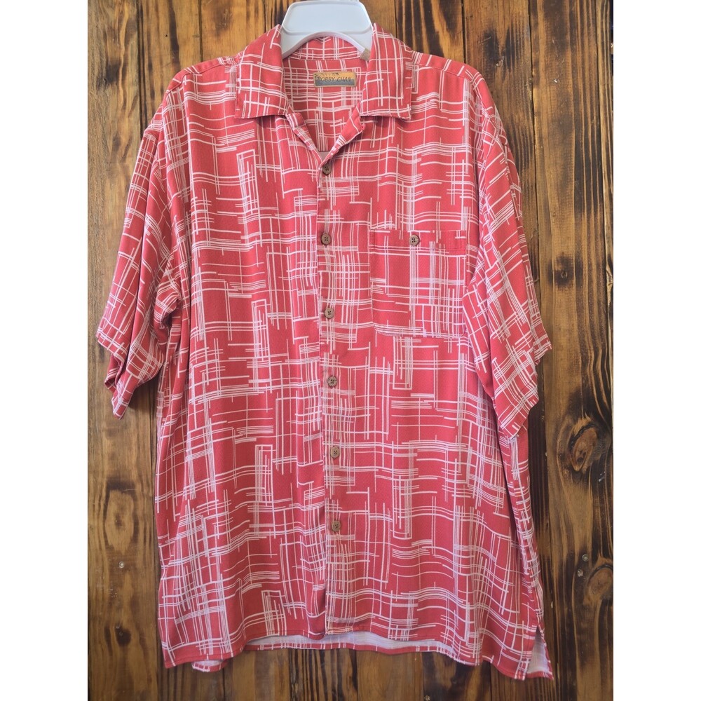 Bobby Chan Silk Men's Button-up Camp Short Sleeve Shirt Coral White, Large